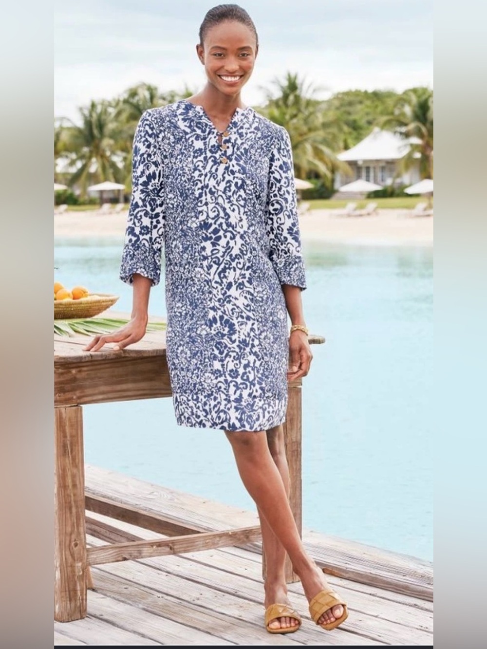 Soft Surroundings Raven Dress 1X Blue White Floral Print Rayon Tunic Dress